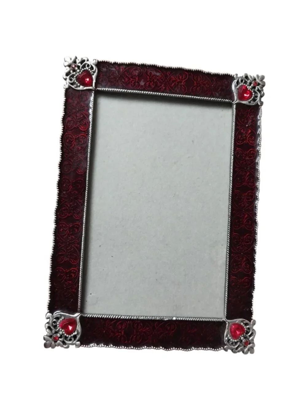 Vintage Enamel Picture Frame Red Silver Ornate Heart Filigree Gem Accents 5x3